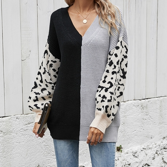 Melody Leopard Colorblock Sweater  - Gray - Picture 11 of 12